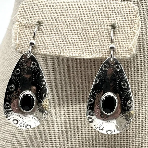 90's Vintage Sterling Silver Teardrop Dangle Earrings with Black Onyx Stone - Picture 3 of 15
